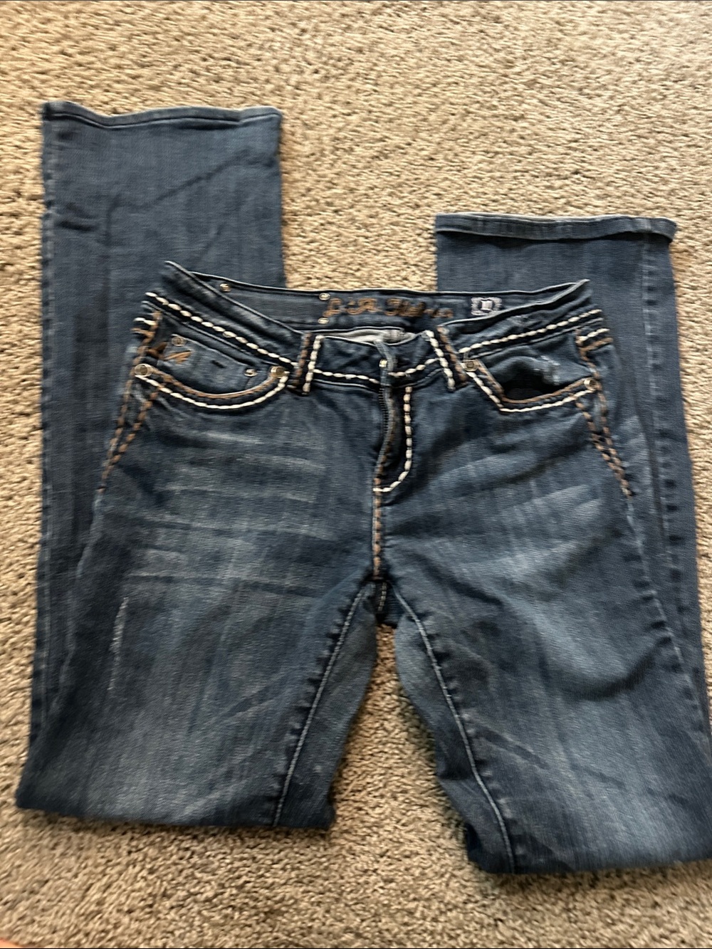 L.A. idol Womens Boot Cut Jeans - Dark Blue Denim with Tan Stitching